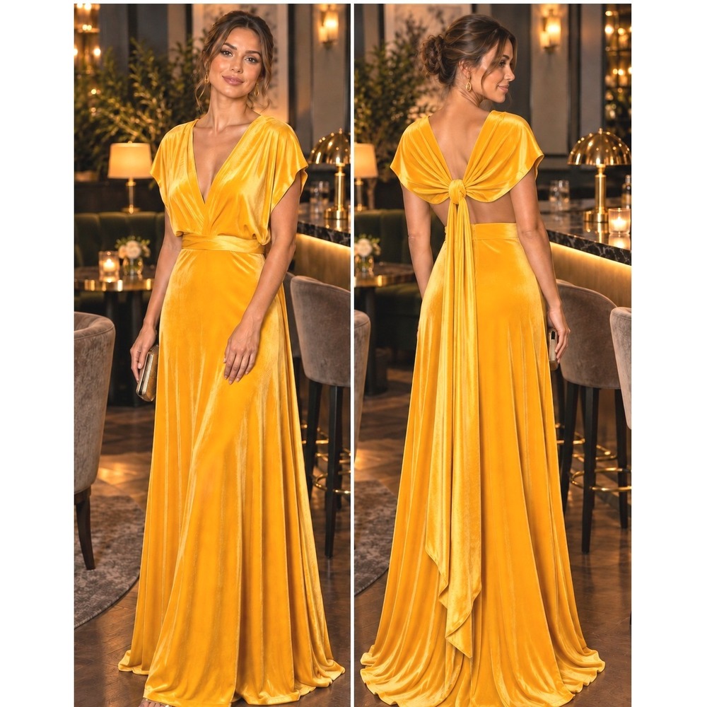 Mustard Gold Velvet Multiway Wrap Maxi Dress Deep V Open Back Gown Womens Size 8